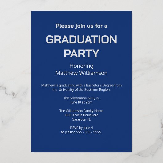 Dark Blue Graduation Party Folie Folie Uitnodiging (Achterkant)