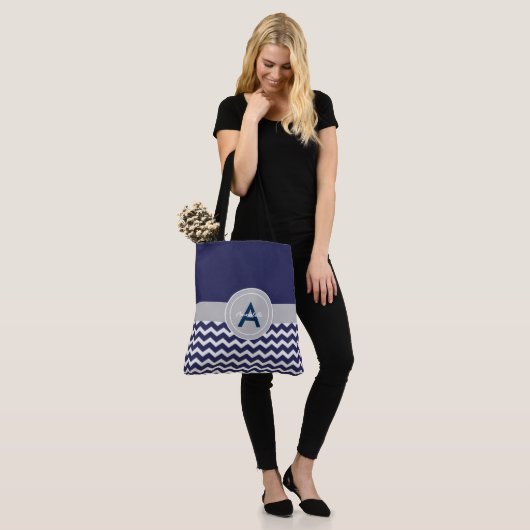 Dark Blue Gray Chevron Tote Bag (Op model)