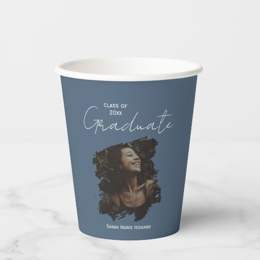 Dark Blue Grey Graduation Customizable Photo Text Papieren Bekers (Voorkant)