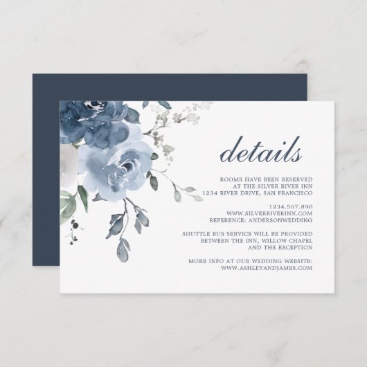 Dark Blue Ivory Floral Wedding Details Informatiekaartje (Voorkant / Achterkant)