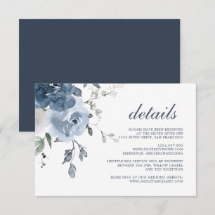 Dark Blue Ivory Floral Wedding Details Informatiekaartje