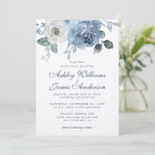 Dark Blue Ivory Roos Floral Wedding Kaart (Staand voorkant)