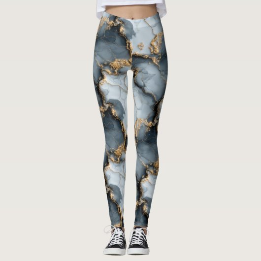 Dark Blue Marble Texture with Liquid Gold Veins Leggings (Voorkant)
