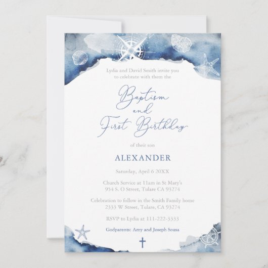 Dark Blue Maritime Boy Baptism 1st Birthday Party Kaart (Voorkant)