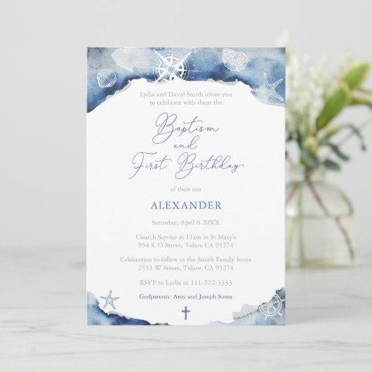 Dark Blue Maritime Boy Baptism 1st Birthday Party Kaart (Staand voorkant)