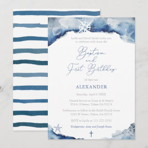 Dark Blue Maritime Boy Baptism 1st Birthday Party Kaart