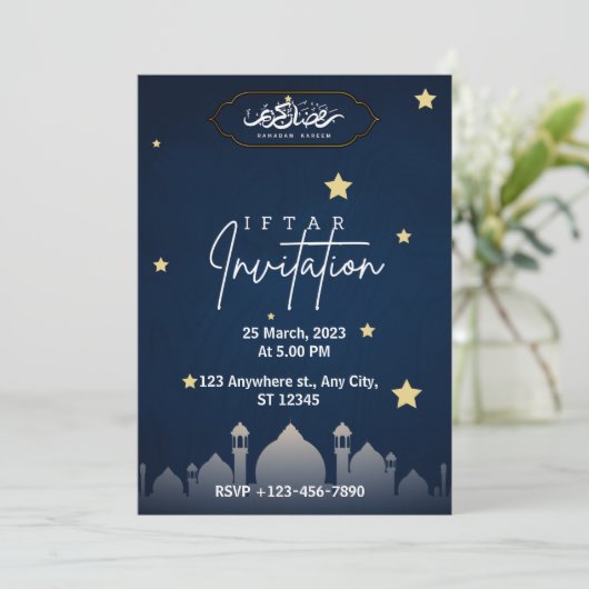 Dark Blue Minimalist Iftar Invitation Kaart (Staand voorkant)