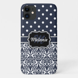 Dark Blue Monogrammed Damask Polka Dots Pattern Case-Mate iPhone Case
