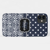 Dark Blue Monogrammed Damask Polka Dots Pattern Case-Mate iPhone Case (Achterkant (horizontaal))