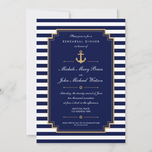 Dark Blue Nautical Rehearings Dinner Invitation Kaart (Voorkant)