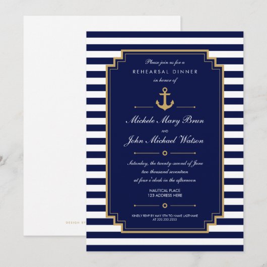 Dark Blue Nautical Rehearings Dinner Invitation Kaart (Voorkant / Achterkant)