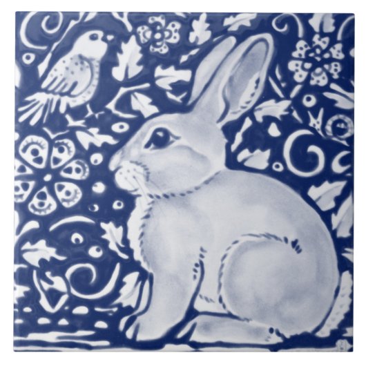 Dark Blue Navy Cobalt Rabbit Bird Chinoiserie Tegeltje (Voorkant)
