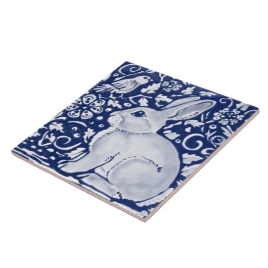 Dark Blue Navy Cobalt Rabbit Bird Chinoiserie Tegeltje (Zijkant)