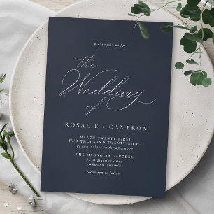 Dark Blue Navy   Simple Vintage Script Wedding Kaart