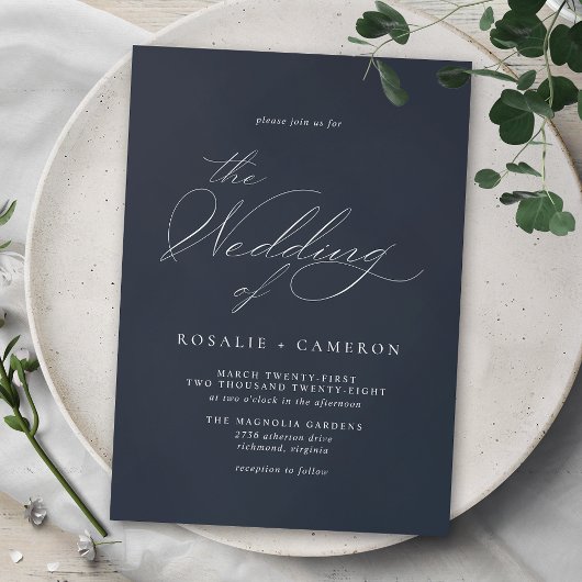Dark Blue Navy | Simple Vintage Script Wedding Kaart