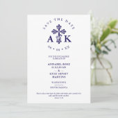 Dark Blue Ornate Christian Cross Wedding Initials Save The Date (Staand voorkant)