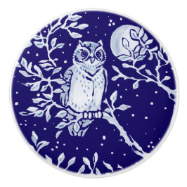 Dark Blue Owl Moon Woodland Animal Floral Cobalt Keramische Knop