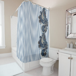 Dark Blue Paisley Stripe Pattern Retro Chic Boho Douchegordijn