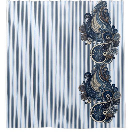 Dark Blue Paisley Stripe Pattern Retro Chic Boho Douchegordijn (Voorkant)