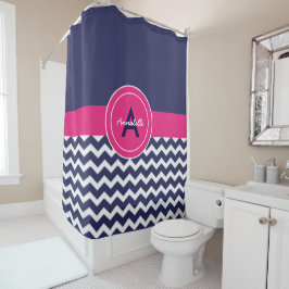 Dark Blue Pink Chevron Douchegordijn