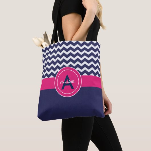 Dark Blue Pink Chevron Tote Bag (Dichtbij)