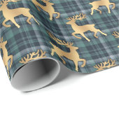 Dark Blue Plaid with Faux Gold Reindeer Holiday Cadeaupapier (Rol Hoek)