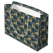 Dark Blue Plaid with Faux Gold Reindeer Holiday Groot Cadeauzakje (Achterkant Gekanteld)