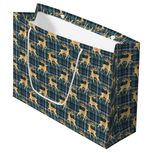 Dark Blue Plaid with Faux Gold Reindeer Holiday Groot Cadeauzakje (Voorkant Gekanteld)