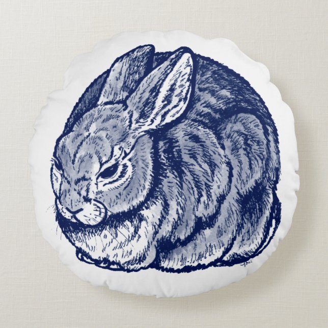 Dark Blue Rabbit Bunny Drawing Art Rond Kussen (Voorkant)