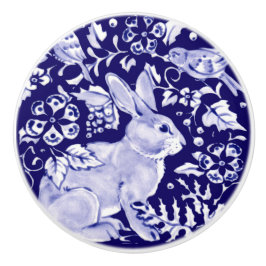 Dark Blue Rabbit Bunny Woodland Floral Cobalt Keramische Knop