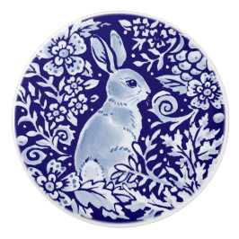 Dark Blue Rabbit Woodland Animal Floral Cobalt Keramische Knop