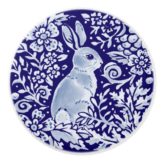 Dark Blue Rabbit Woodland Animal Floral Cobalt Keramische Knop (Voorkant)