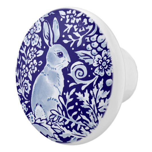 Dark Blue Rabbit Woodland Animal Floral Cobalt Keramische Knop (Rechts)