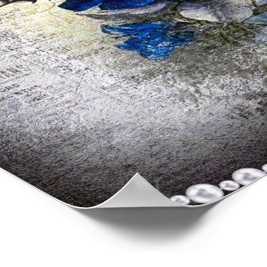 Dark Blue Roos Victoriaans Ephemera Grunge Poster (Hoek)