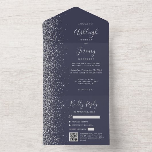 Dark Blue Silver Glitter QR Code Wedding All In One Uitnodiging (Binnen)