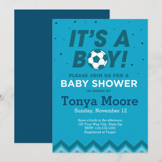Dark Blue Soccer Baby shower Invitation Kaart (Voorkant / Achterkant)
