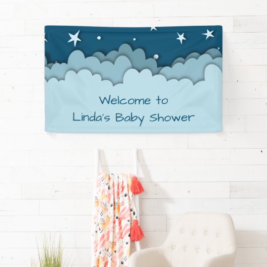 Dark Blue Stars Celestial Welcome Baby shower Spandoek (Insitu)