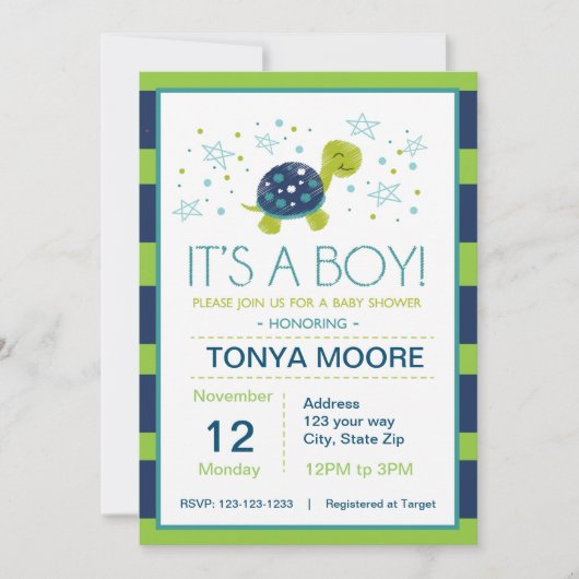 Dark Blue Stripe Turtle Baby shower Invitation Kaart (Voorkant)