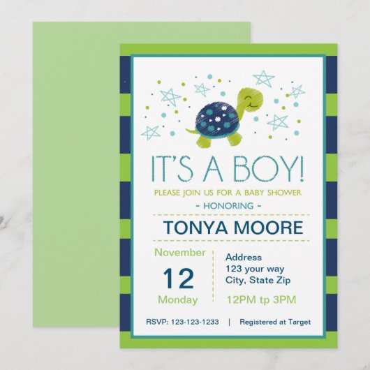 Dark Blue Stripe Turtle Baby shower Invitation Kaart (Voorkant / Achterkant)