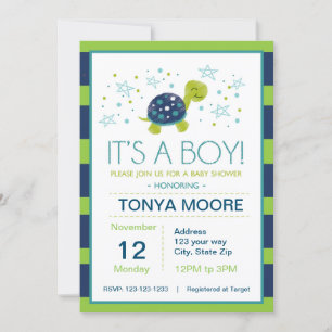 Dark Blue Stripe Turtle Baby shower Invitation Kaart