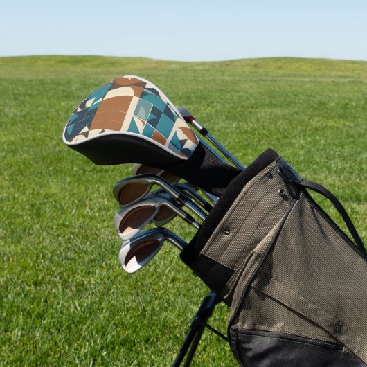 Dark Blue, Teal, Brown, and Tan Geometric Pattern Golfheadcover (Insitu)