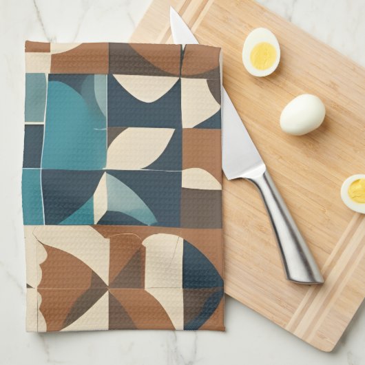 Dark Blue, Teal, Brown, and Tan Geometric Pattern Theedoek (Quarter Fold)