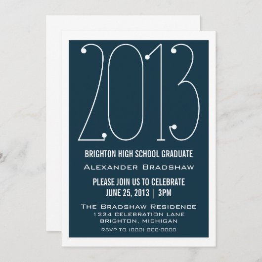 Dark Blue Trendy 2013 Afstuderen Invitation Kaart (Voorkant / Achterkant)
