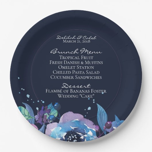 Dark Blue Twilight Floral Waterverf Wedding Papieren Bordje (Voorkant)