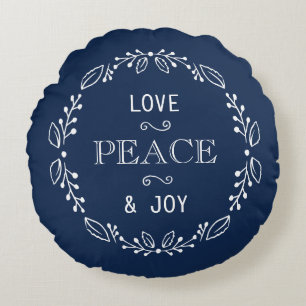 Dark Blue White Floral Holiday Peace Typografie Rond Kussen