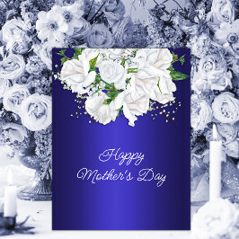 Dark Blue White Floral Rozen Moederdag Briefkaart
