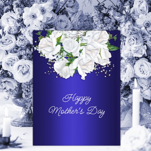 Dark Blue White Floral Rozen Moederdag Briefkaart