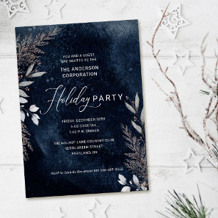 Dark Blue Winter Foliage Corporate Holiday Party Kaart