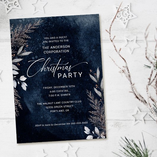Dark Blue Winter Foliage Corporate Kerstparty Kaart