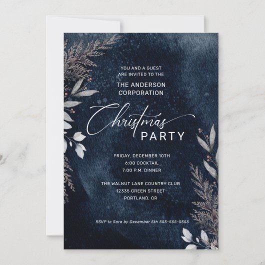 Dark Blue Winter Foliage Corporate Kerstparty Kaart (Voorkant)